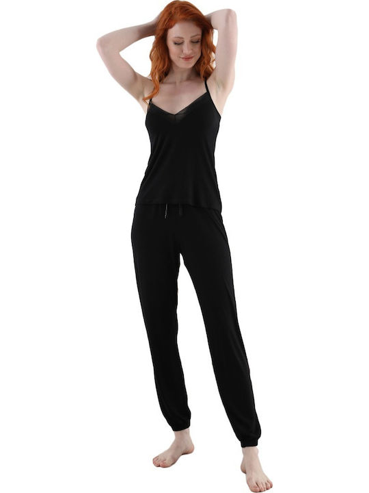 Sevim Winter Damen Pyjama-Set Satin,σατεν Schwarz