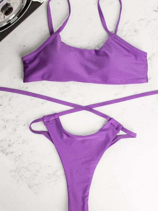 Bikini Set Sports Bra with Removable Padding and High Waist String Purple