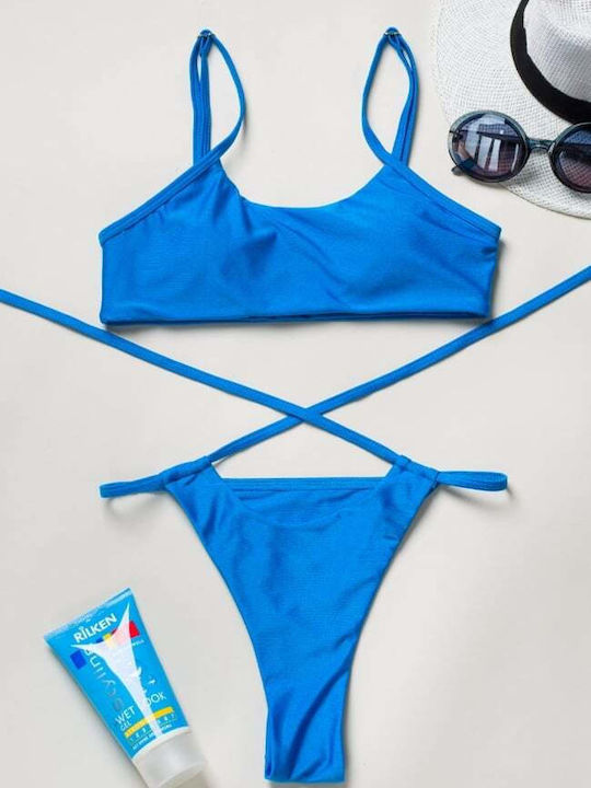 Set Bikini Dreieck mit Abnehmbarer Verstärkung & String Hohe Taille Blau