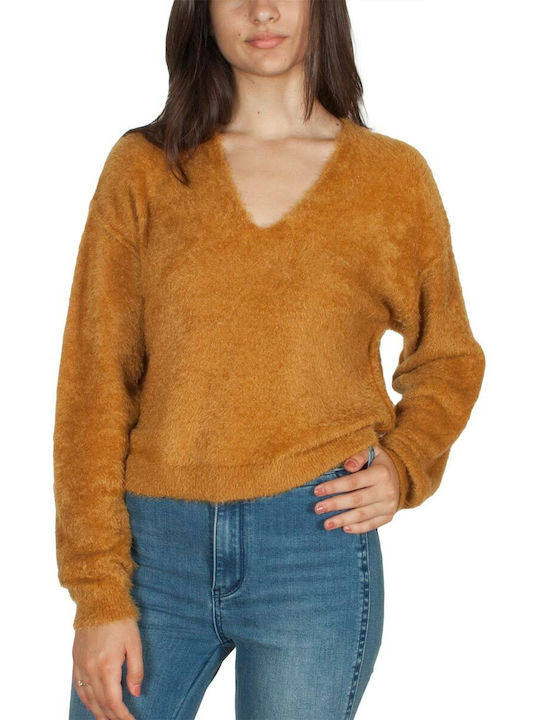 Free People Damen Langarm Pullover mit V-Ausschnitt camel gold