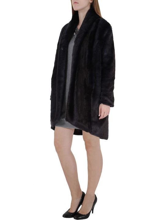 Jijil Women's Long Coat with Buttons and Fur Blue