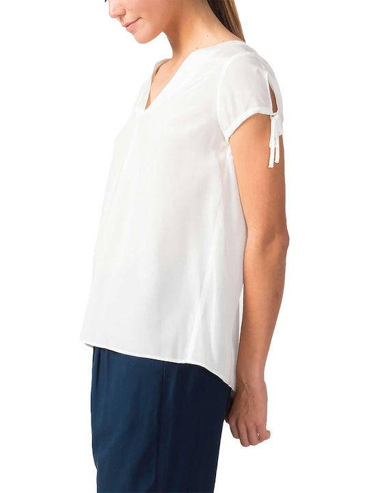 Skunkfunk Women's Blouse Short Sleeve with V Neckline White