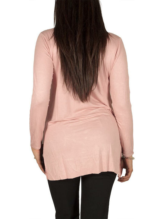Women's Blouse Long Sleeve with V Neckline Half-white-pink