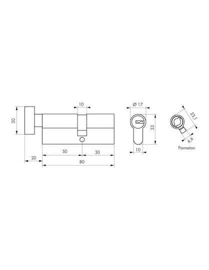 Thirard Lock Cylinder 80mm (50-30) with Knob and 5 Keys Gold