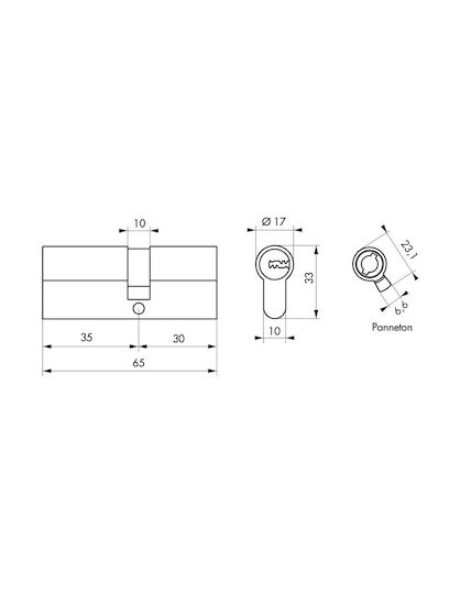 Thirard Κύλινδρος Κλειδαριάς Ασφαλείας 65mm (30-35) με 3 Κλειδιά Ασημί
