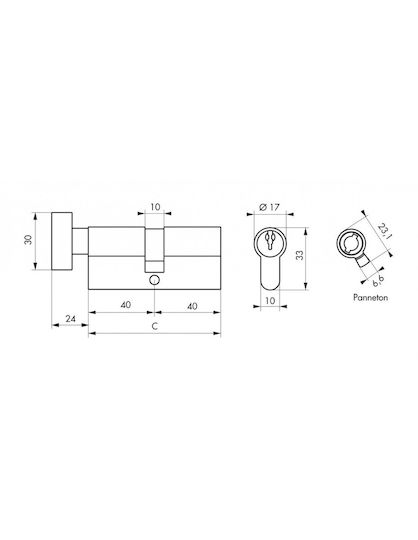 Thirard Lock Cylinder Security 80mm (40-40) with Knob and 3 Keys Silver