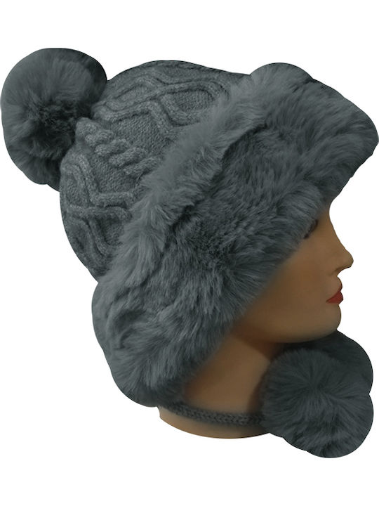 Pom Pom Beanie Γυναικείος Σκούφος Πλεκτός σε Γκρι χρώμα