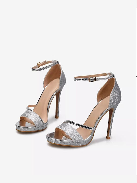 Super Mode cu platformă Women's Sandals cu curea la gleznă Silver with Thin High Heel