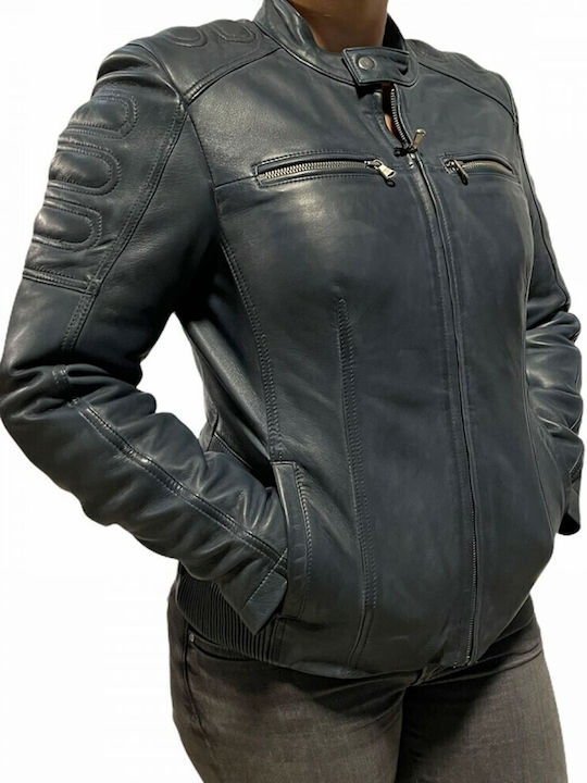 MARKOS LEATHER Women's Short Biker Leather Jacket for Winter Blue