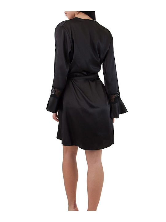 FMS Winter Damen Satin Robe mit Nachthemd Schwarz