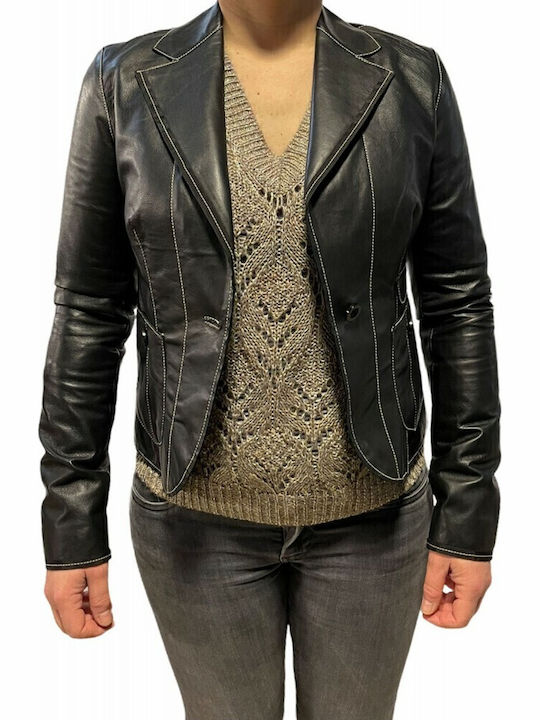 MARKOS LEATHER Kurz Damen Leder Mittellang Blazer Schwarz