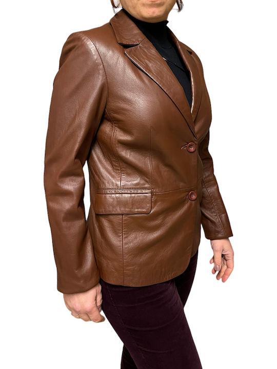 MARKOS LEATHER Γυναικείο Δερμάτινο Σακάκι Ταμπά