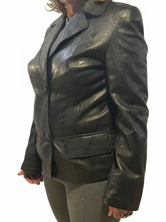 MARKOS LEATHER Γυναικείο Δερμάτινο Μεσάτο Σακάκι Μαύρο