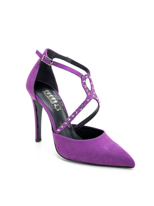 Ellen Leather Purple Heels with Strap