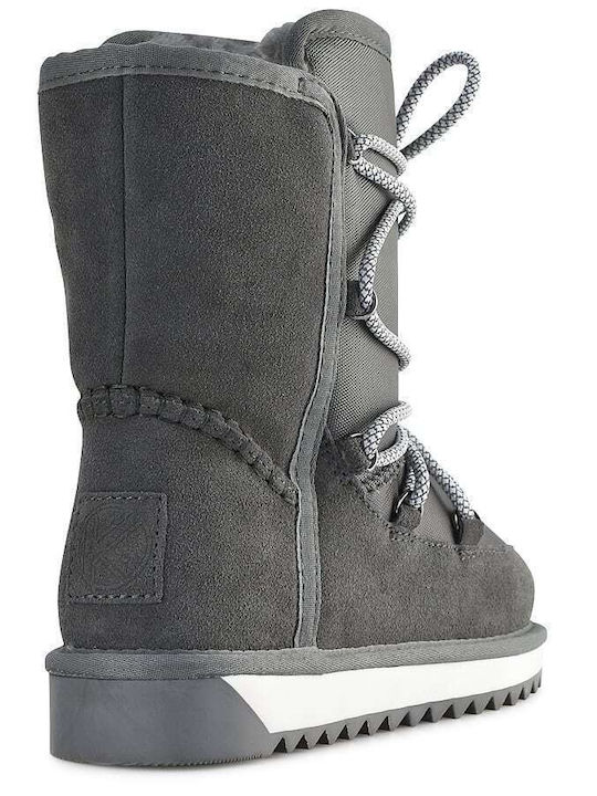 Leather Snow Boots with Laces & Fur Gray