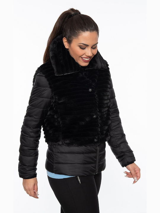 Korinas Fashion Women's Short Puffer Jacket Waterproof and Windproof for Winter Black