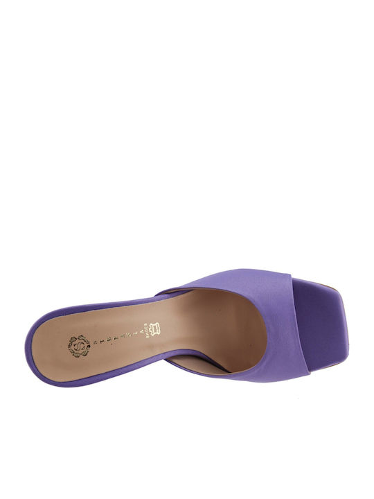 Satin Mules with Chunky High Heel in Lilac Color