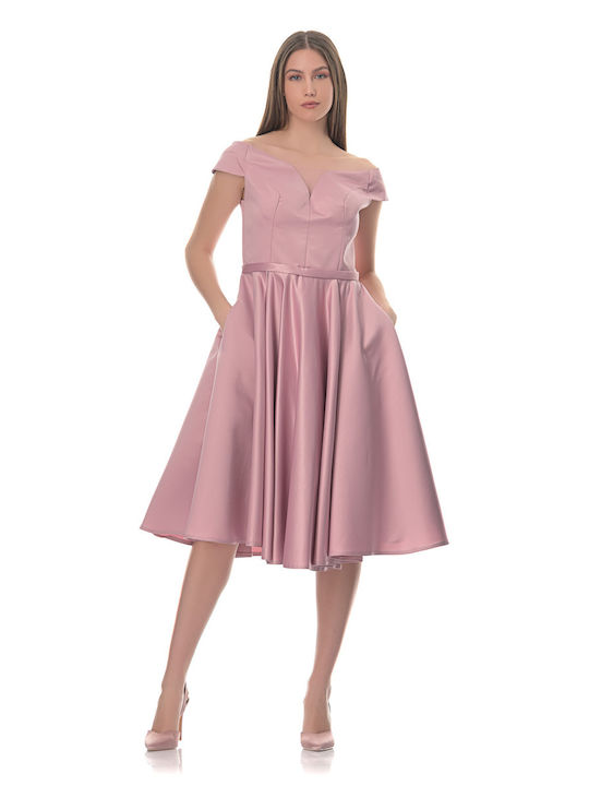 Farmaki Mini Dress for Wedding / Baptism Off-Shoulder Pink