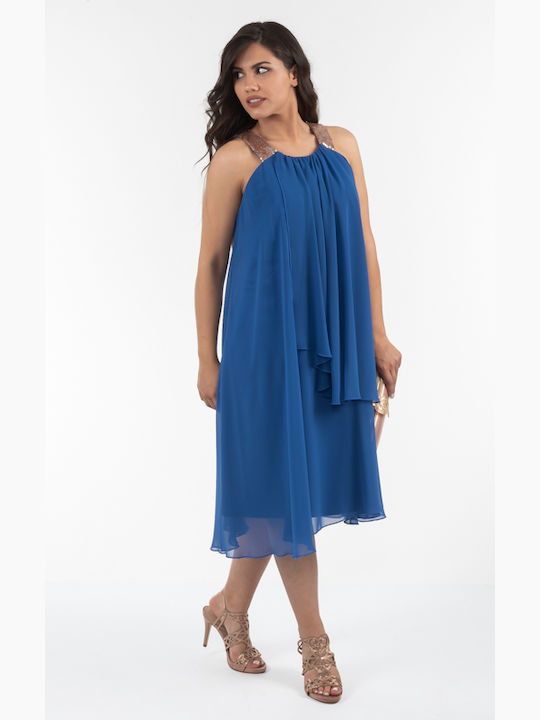 Korinas Fashion Midi Evening Dress with Ruffle Blue