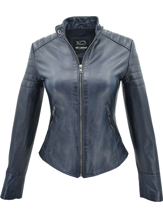 Δερμάτινα 100 Women's Short Biker Leather Jacket for Winter Navy Blue