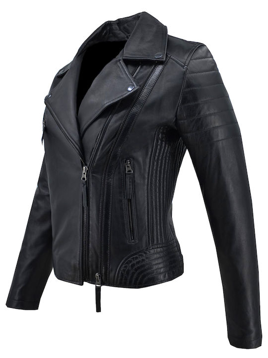 Δερμάτινα 100 Women's Short Biker Leather Jacket for Winter Black