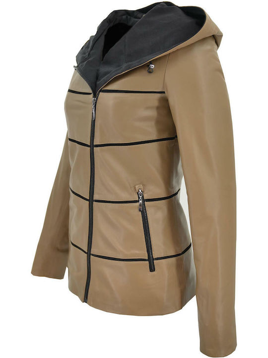 Δερμάτινα 100 Women's Short Lifestyle Leather Jacket for Winter with Hood Cappuccino (Cappuccino).