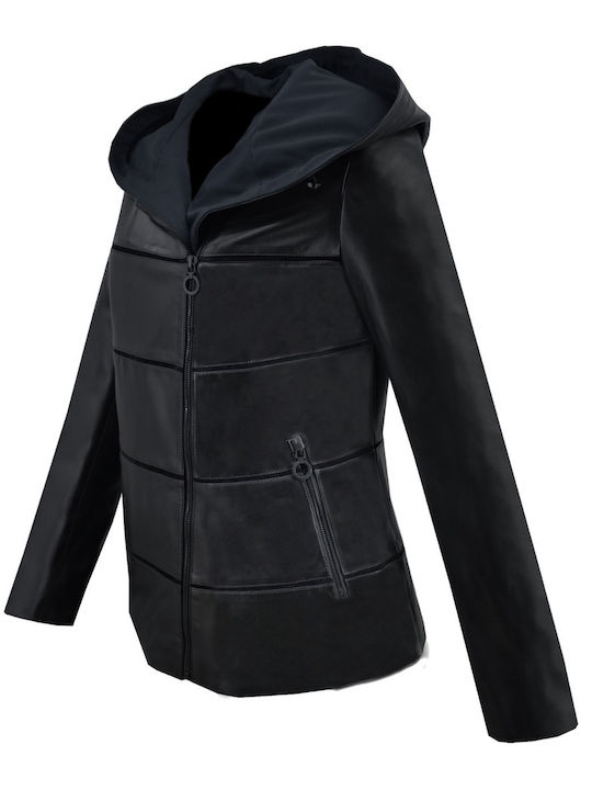 Dermatina 100 Women's Short Lifestyle Leather Jacket for Winter with Hood Black