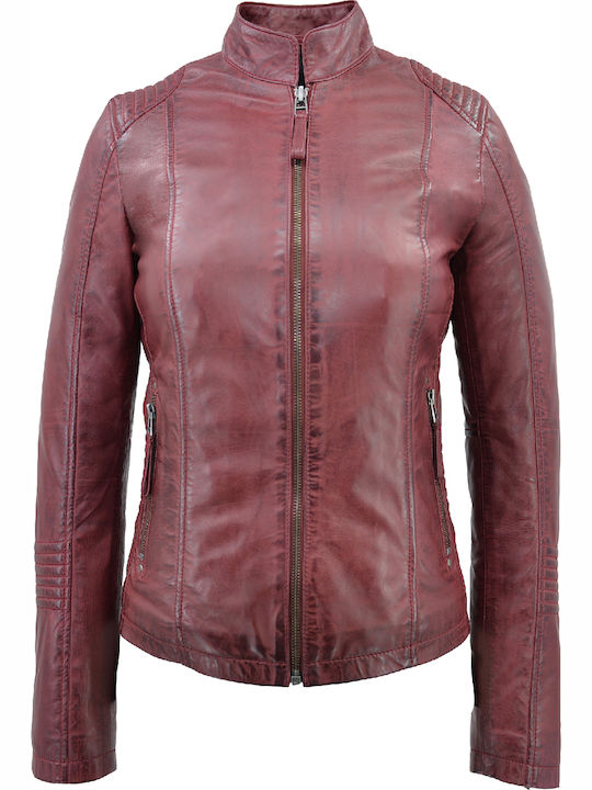 Δερμάτινα 100 Women's Short Biker Leather Jacket for Winter with Hood Burgundy