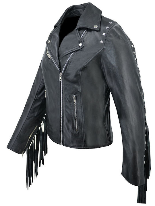 Δερμάτινα 100 Women's Short Biker Leather Jacket for Winter Black