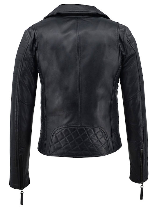 Women's Short Biker Leather Jacket for Winter Black