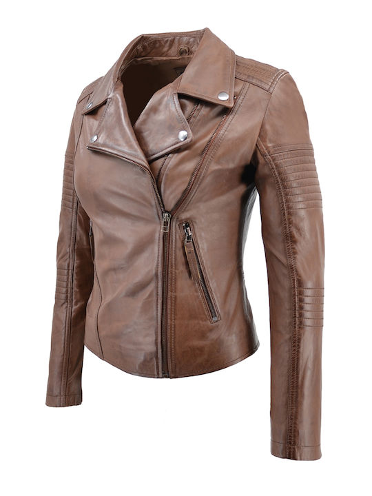 Δερμάτινα 100 Women's Short Biker Leather Jacket for Winter Tabac Brownc Brown