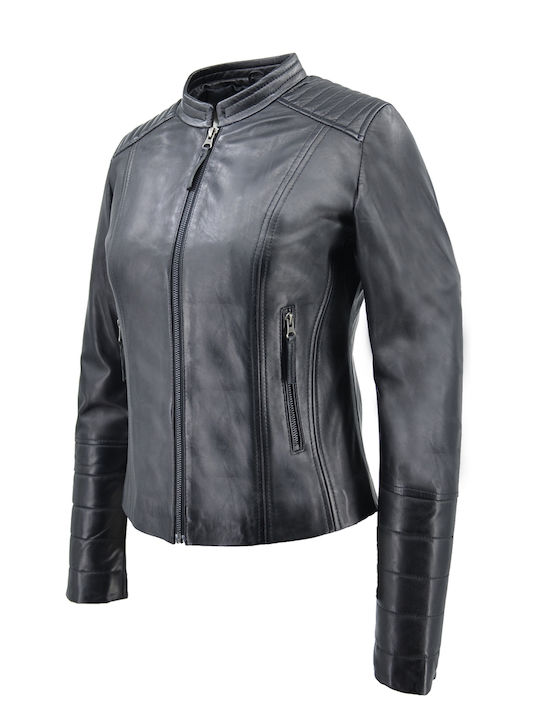 Δερμάτινα 100 Women's Short Biker Leather Jacket for Winter Black