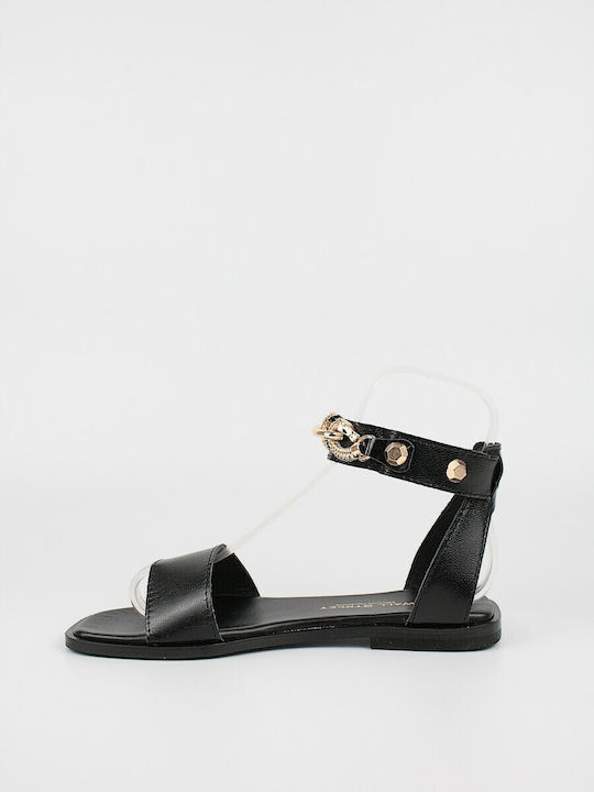 Wall Street Leder Damen Flache Sandalen mit Riemen in Schwarz Farbe