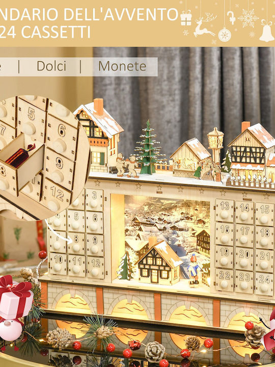HomCom Christmas Illuminated Decorative Wooden Village Brown with Battery 44x37x10cm.
