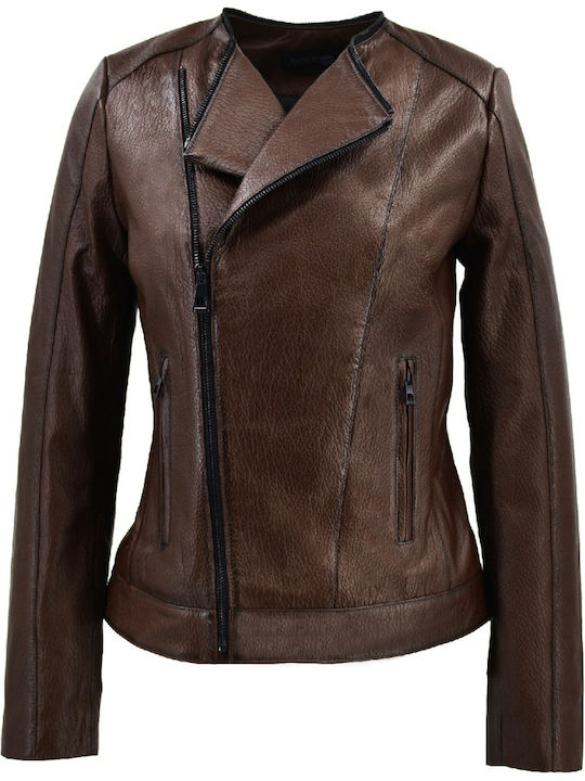 Δερμάτινα 100 Δερμάτινο Γυναικείο Biker Jacket Καφέ