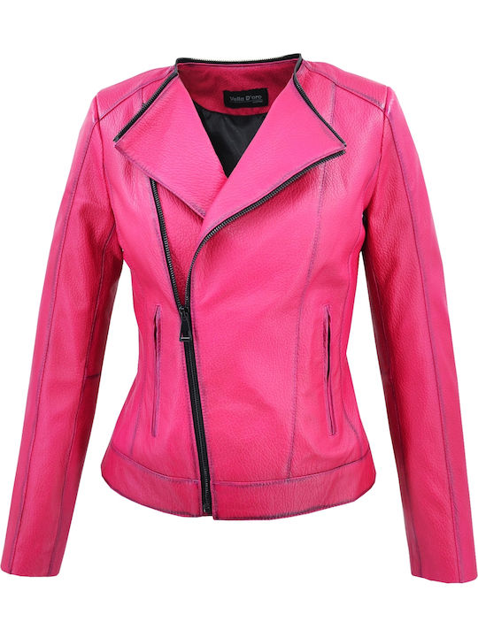 Δερμάτινα 100 Women's Short Biker Leather Jacket for Spring or Autumn Fuchsia