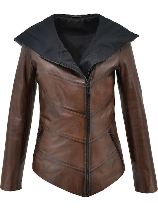 Δερμάτινα 100 Women's Short Lifestyle Leather Jacket for Winter with Hood Brown