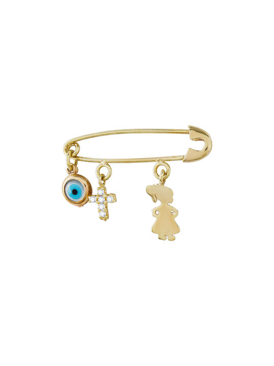 Kiriakos Gofas Child Safety Pin made of Gold 9K with Cross for Girl