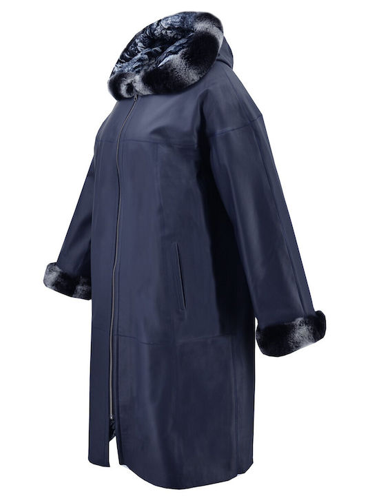 Δερμάτινα 100 Women's Leather Short Half Coat with Zipper ,Hood and Fur Beige