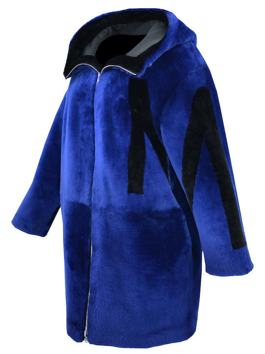 Δερμάτινα 100 Women's Mouton Short Half Coat with Zipper and Hood Blue