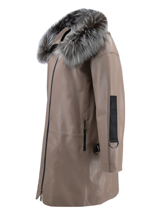 Δερμάτινα 100 Women's Short Lifestyle Leather Jacket for Winter with Hood Beige