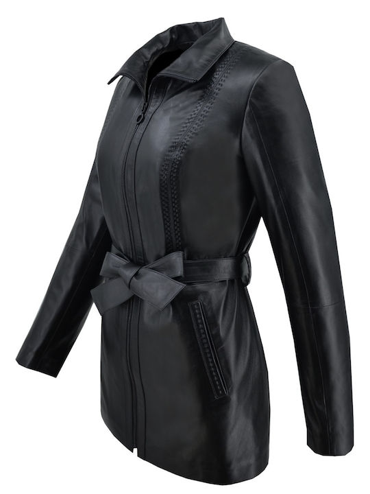 Δερμάτινα 100 Women's Short Lifestyle Leather Jacket for Winter Black