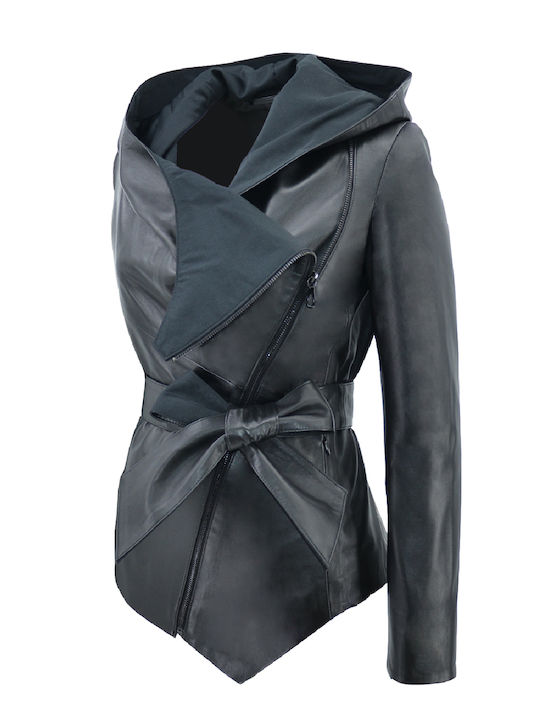 Δερμάτινα 100 Women's Short Lifestyle Leather Jacket for Winter with Hood Black