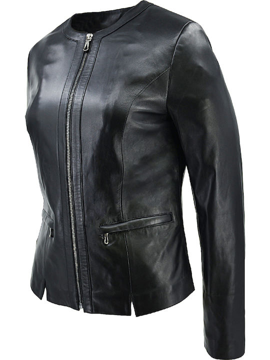 Δερμάτινα 100 Women's Short Biker Leather Jacket for Spring or Autumn Black