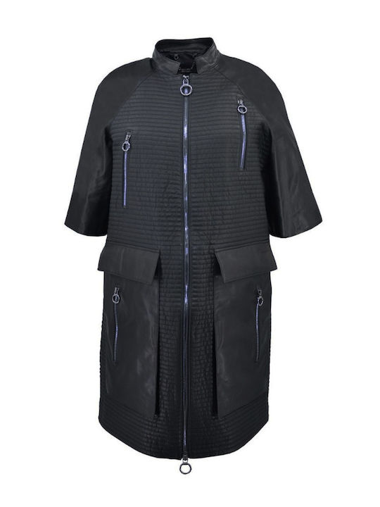Women's Long Lifestyle Leather Jacket for Spring or Autumn Black