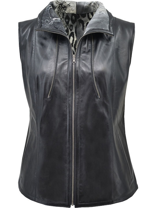 Women's Short Lifestyle Leather Jacket for Spring or Autumn Black