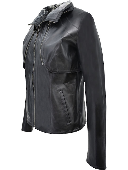 Women's Short Lifestyle Leather Jacket for Spring or Autumn Black
