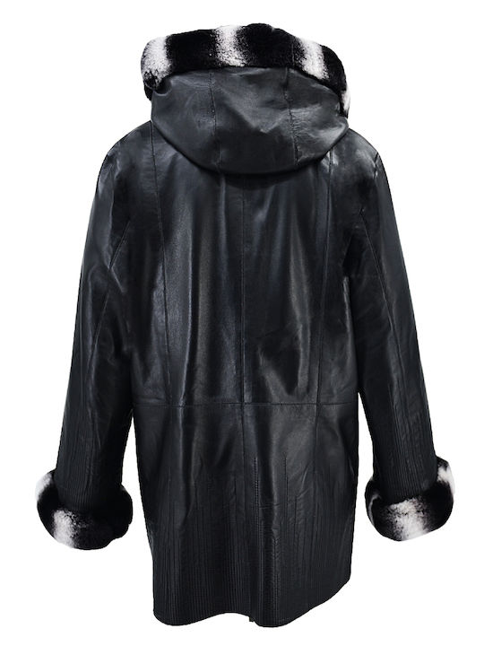 Δερμάτινα 100 Women's Short Lifestyle Leather Jacket Double Sided for Winter with Hood Black