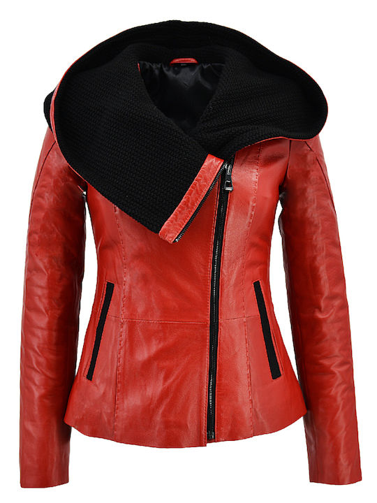 Δερμάτινα 100 Women's Short Lifestyle Leather Jacket for Spring or Autumn with Hood Red