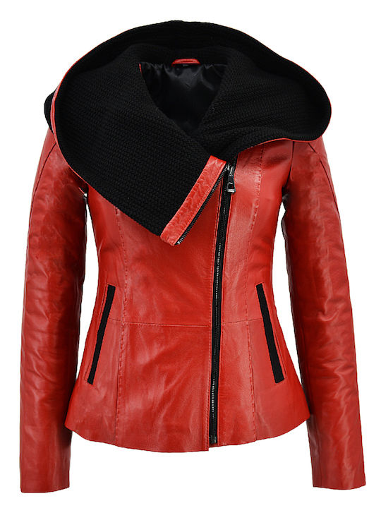 Women's Short Lifestyle Leather Jacket for Spring or Autumn with Hood Red
